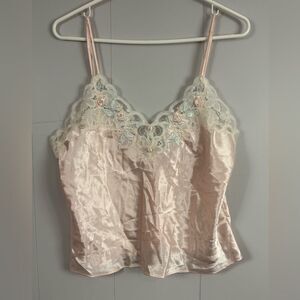 Vintage Blush Pink Satin Lace Floral Detailing Large Cami Babydoll Coquette
